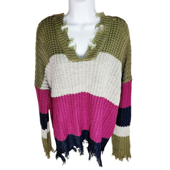 Womens: ee:some : Pullover Sweaters - Womens: ee:some : Pullover Distressed/Chunky Knit/Long Sleeved - M/L Olive/Gray/